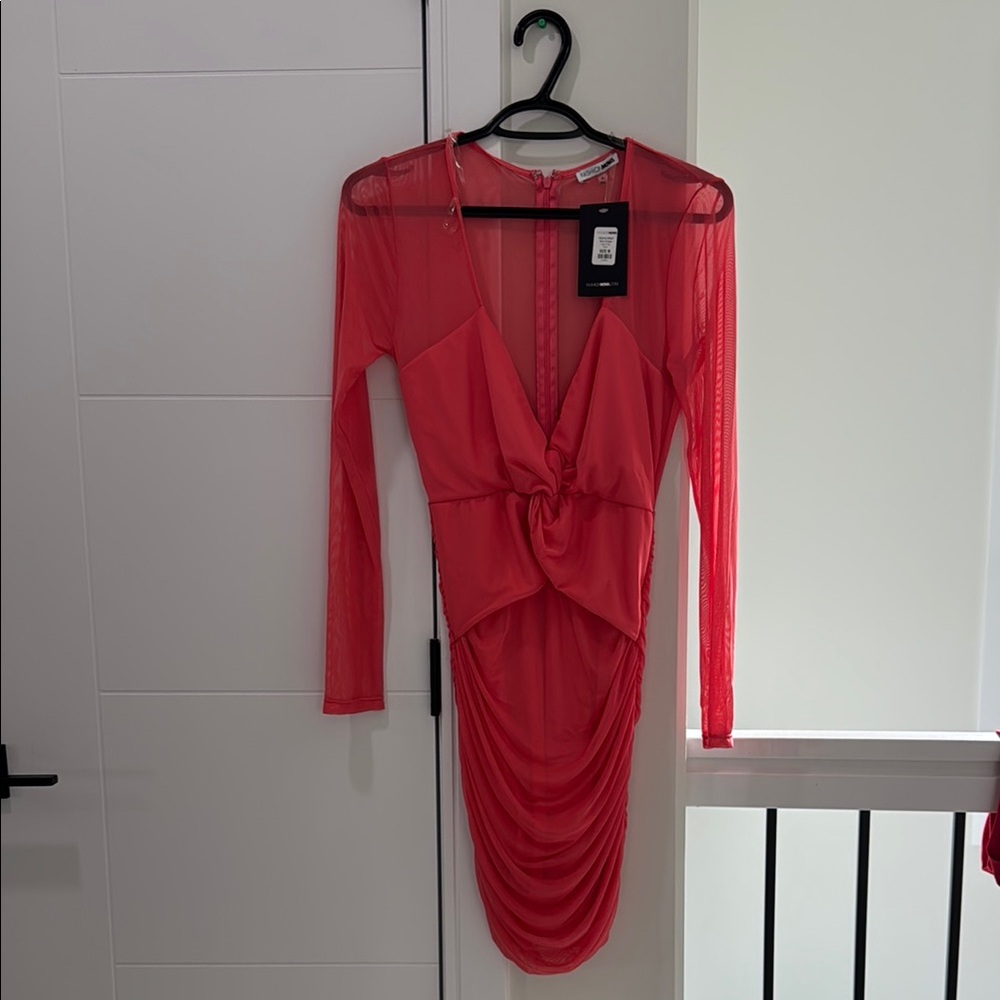Fashion Nova Red Ruched Plunge Long Sleeve Dress